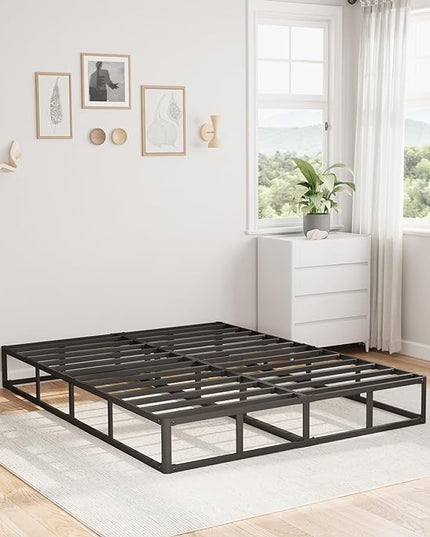 Queen Bed Frame, 9 Inch High Metal Box Spring with More Steel Slats Support, Sturdy Platform Bedframe Low to Floor, 3500 Lbs Weight Capacity Heavy Duty Mattress Base, Easy Assembly, Black - LeafyLoom