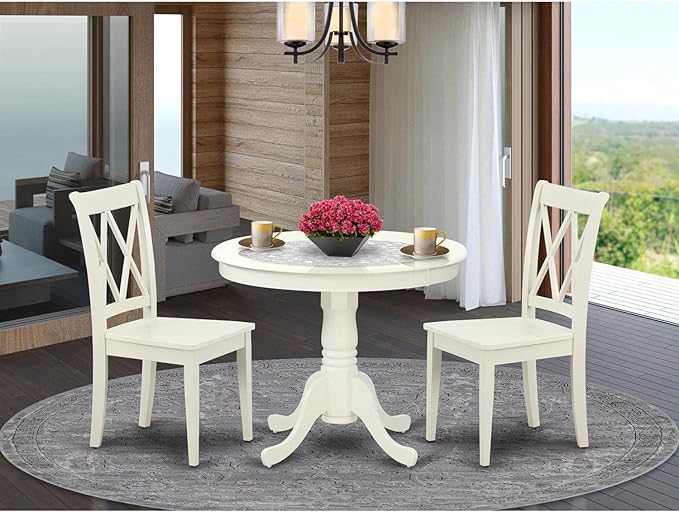 East West Furniture ANCL3-LWH-W Antique 3 Piece Kitchen Set for Small Spaces Contains a Round Dining Room Table with Pedestal and 2 Solid Wood Seat Chairs, 36x36 Inch - LeafyLoom