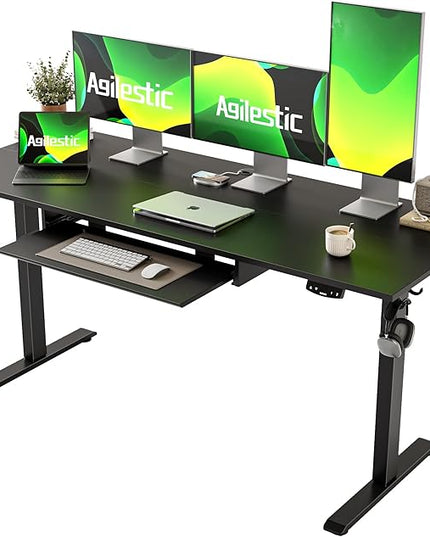 Height Adjustable Desk with Keyboard Tray, 63 x 24 Inches Electric Standing Desk, Stand up Computer Table with Memory Preset, Gaming Modern Lift Motorized Gaming Workstation, Black - LeafyLoom