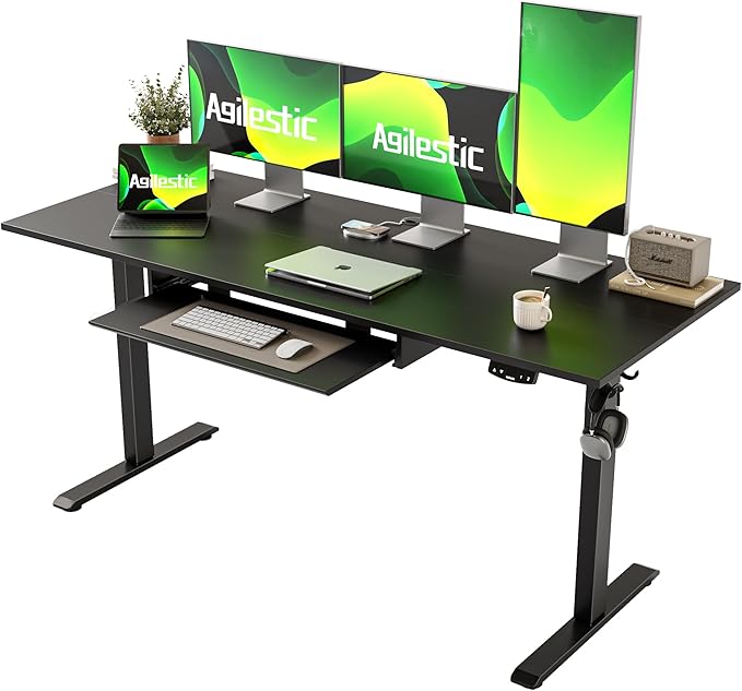 Height Adjustable Desk with Keyboard Tray, 63 x 24 Inches Electric Standing Desk, Stand up Computer Table with Memory Preset, Gaming Modern Lift Motorized Gaming Workstation, Black - LeafyLoom