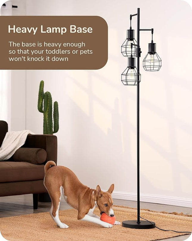EDISHINE Dimmable Farmhouse Floor Lamp, Industrial Standing Lamp for Living Room, 3 LED Edison Bulbs Included, Black Corner Rustic Tall Tree Reading Lamps Home Decor for Bedroom, Office - LeafyLoom