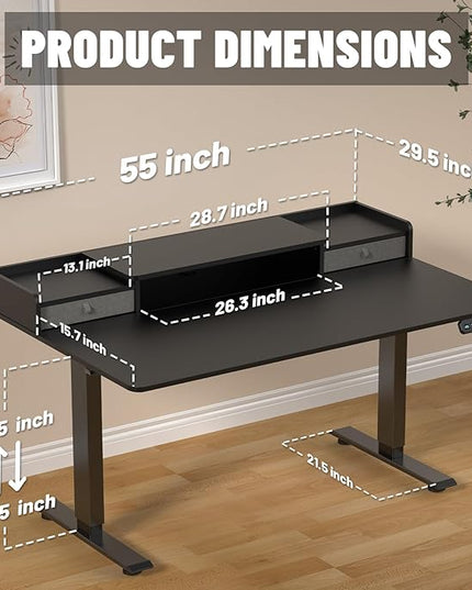 55×30 Inch Electric Standing Desk with 2 Drawers, Adjustable Height Widened Stand Up Desk with Storage Shelf, Sit to Stand Ergonomic Workstation for Home Office - LeafyLoom