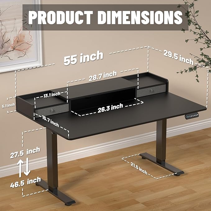 55×30 Inch Electric Standing Desk with 2 Drawers, Adjustable Height Widened Stand Up Desk with Storage Shelf, Sit to Stand Ergonomic Workstation for Home Office - LeafyLoom