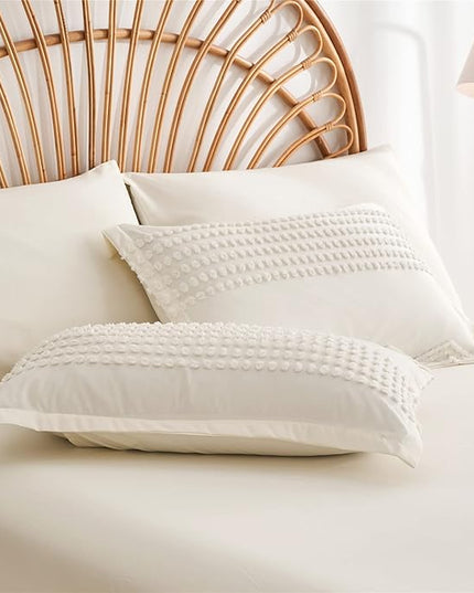 KAKIJUMN White Tufted Comforter Set Queen Size 7 Piece Bed in a Bag, Shabby Chic Boho Comforter and Sheet Set, All Season Soft Microfiber Complete Bedding Set(White,Queen) - LeafyLoom