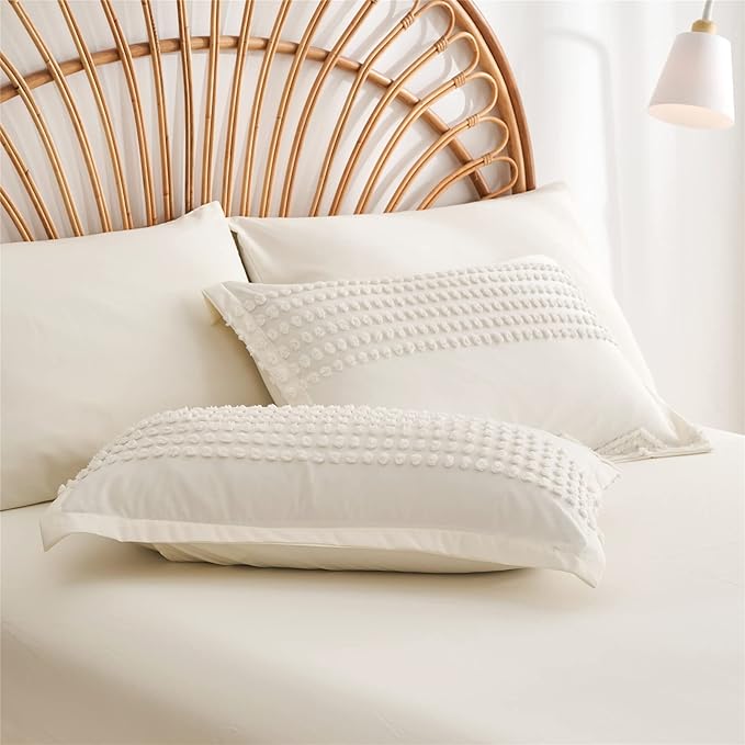KAKIJUMN White Tufted Comforter Set Full Size 7 Piece Bed in a Bag, Shabby Chic Boho Comforter and Sheet Set, Pom Pom Textured Bed Set, All Season Soft Microfiber Complete Bedding Set(White,Full) - LeafyLoom