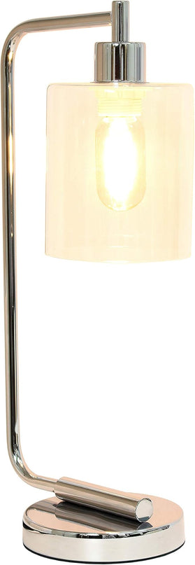 Simple Designs LD1036-CHR Bronson Antique Style Industrial Iron Lantern Desk Bedside Glass Shade Table Lamp, Chrome - LeafyLoom