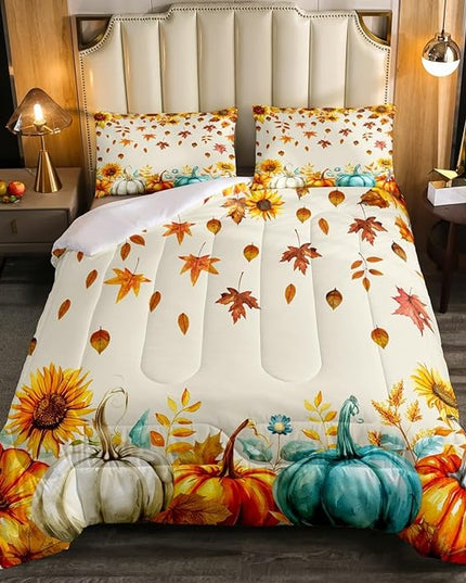 Fall Pumpkin Bedding Set For Home King Thanksgiving Harvest Season Fruit Decor Comforter Set Autumn Fall Maple Leaf Quilt Comforter for Kids Teen Adults,Rustic Farm Sunflower Bed Sets 2 Pillow Cases - LeafyLoom