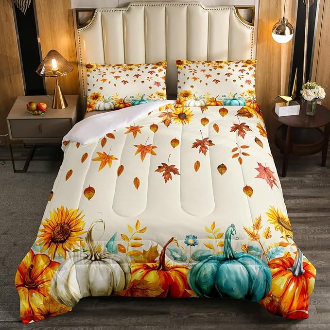 Fall Pumpkin Bedding Set For Home King Thanksgiving Harvest Season Fruit Decor Comforter Set Autumn Fall Maple Leaf Quilt Comforter for Kids Teen Adults,Rustic Farm Sunflower Bed Sets 2 Pillow Cases - LeafyLoom