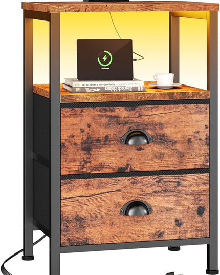 Furologee Nightstand with Charging Station, End Table with LED Lights, Bedside Table with USB Ports & Outlets, Night Stands with 2 Drawers, Side Table for Living Room/Bedroom - LeafyLoom