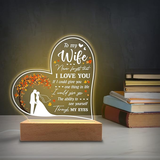 Acrylic Night Light Gifts for Wife - to My Wife Never Forget That I Love You - Wife Gifts from Husband to Wife on Valentines, Anniversary - Wife Birthday Gift Ideas - LeafyLoom