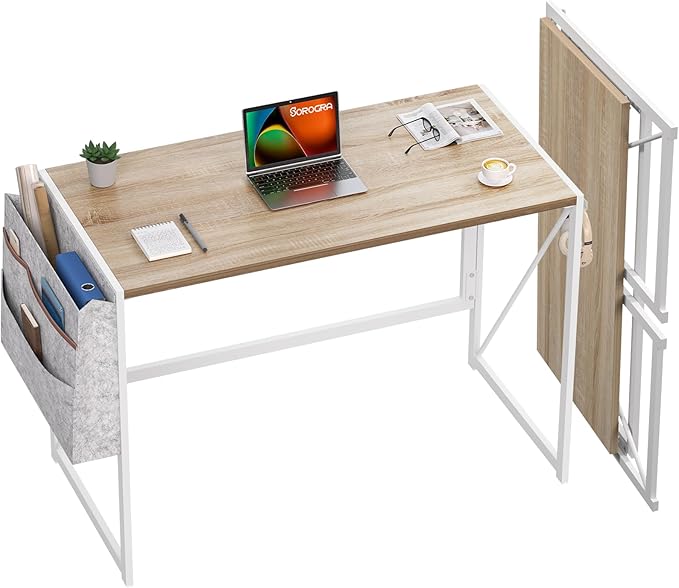 Folding Desk, Small Foldable Desk 39.4 Inch for Small Space, Computer Table Home Office Writing Desk with Storage Bag Headphone Hook, Easy Assembly, OAK - LeafyLoom