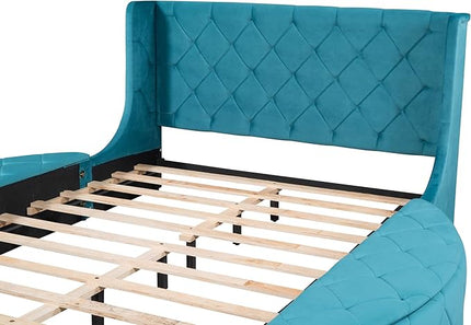 Velvet Upholstered Platform Bed Frame Queen Size with Wingback Headboard, Solid Wood Storage Bed with Spacious Drawer and Convenient Side Storage Stools, Elegant Design, Blue - LeafyLoom