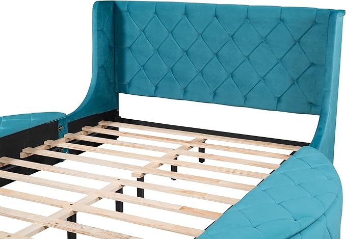 Velvet Upholstered Platform Bed Frame Queen Size with Wingback Headboard, Solid Wood Storage Bed with Spacious Drawer and Convenient Side Storage Stools, Elegant Design, Blue - LeafyLoom