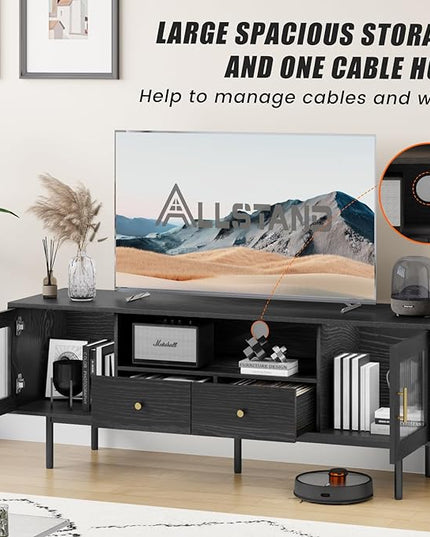 TV Stand for 65 Inch TV, Modern Entertainment Center with 2 Cabinets and 2 Drawers, Mid Century TV Stand for 55/60/65 inch TV, Media Console for Bedroom, Living Room and Office, Black - LeafyLoom