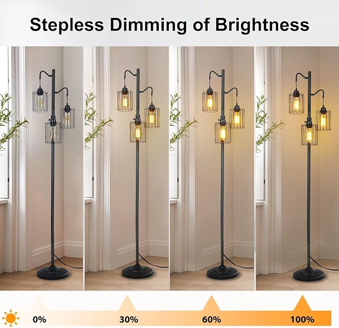 Floor lamp, 69 inch 3-Light Dimmable Farmhouse Floor Lamps for Living Room with 3 Free LED Edison Bulbs, Modern Industrial Vintage Corner Tall Tree Standing Floor Lamp for Bedroom Office - LeafyLoom