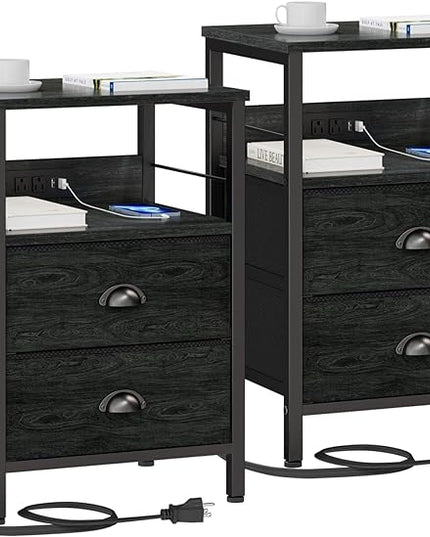 Furologee Nightstand Set of 2, Black Oak, with Charging Station and USB Ports, Side Tables with 2 Fabric Drawers, Bedside Tables with Storage Shelf & Hooks, for Living Room/Bedroom - LeafyLoom