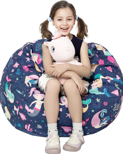 Stuffed Animal Storage Bean Bag Chair Cover, Hold Kids Plush Toys Blankets Towels Beanbag (Cover Only), Canvas Floor Circle Stuff Sit Seat Sofa with YKK Zipper, Large 32", - LeafyLoom