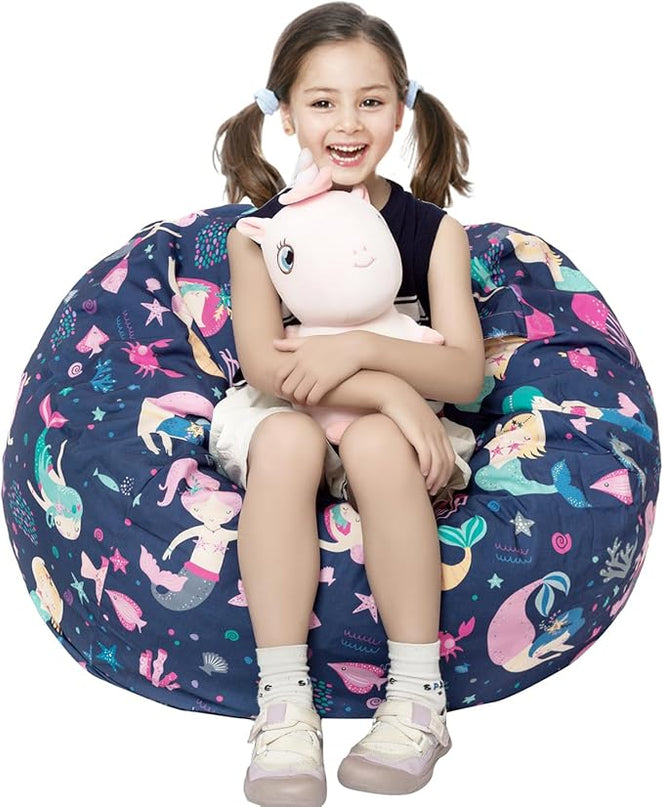 Stuffed Animal Storage Bean Bag Chair Cover, Hold Kids Plush Toys Blankets Towels Beanbag (Cover Only), Canvas Floor Circle Stuff Sit Seat Sofa with YKK Zipper, Large 32", - LeafyLoom