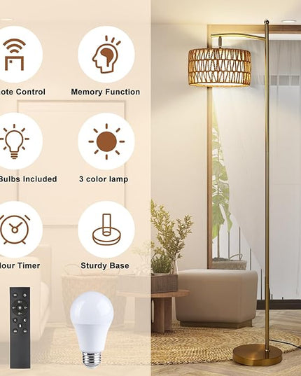 Rattan Floor Lamps for Living Room, Gold Arc Floor Lamp Dimmable with Rattan& Linen Double Shades, Boho Standing Lamp with Remote Control, Tall Lamp for Bedroom, Office - LeafyLoom