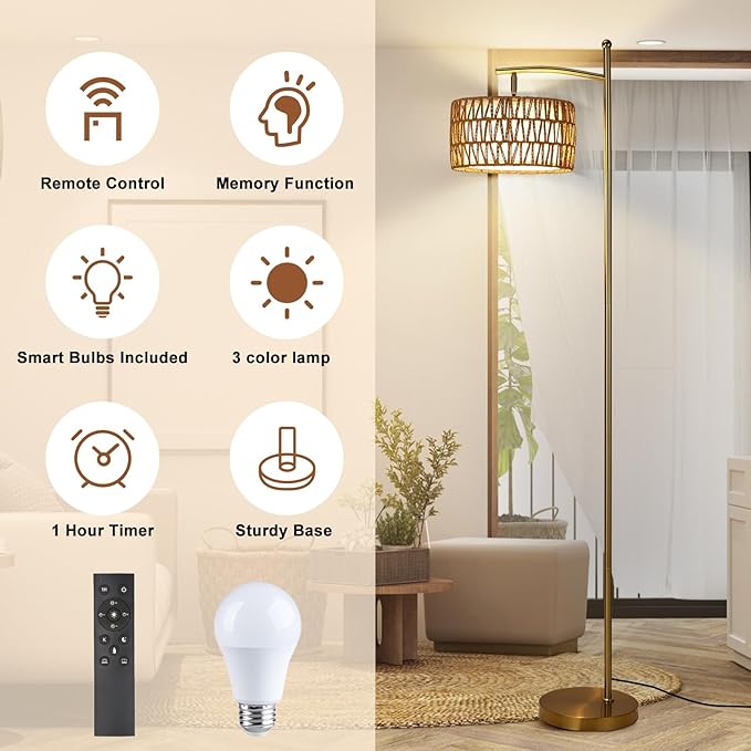 Rattan Floor Lamps for Living Room, Gold Arc Floor Lamp Dimmable with Rattan& Linen Double Shades, Boho Standing Lamp with Remote Control, Tall Lamp for Bedroom, Office - LeafyLoom