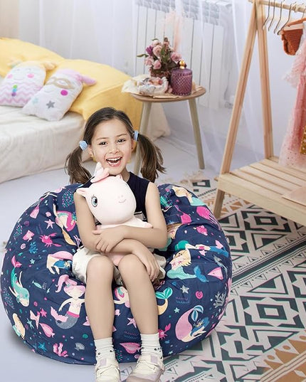 Stuffed Animal Storage Bean Bag Chair Cover, Hold Kids Plush Toys Blankets Towels Beanbag (Cover Only), Canvas Floor Circle Stuff Sit Seat Sofa with YKK Zipper, Large 32", - LeafyLoom