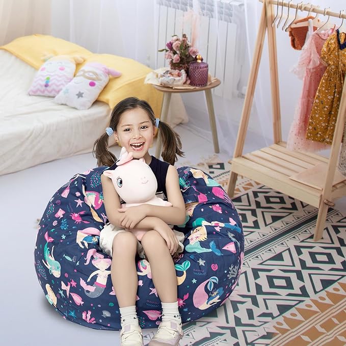 Stuffed Animal Storage Bean Bag Chair Cover, Hold Kids Plush Toys Blankets Towels Beanbag (Cover Only), Canvas Floor Circle Stuff Sit Seat Sofa with YKK Zipper, Large 32", - LeafyLoom