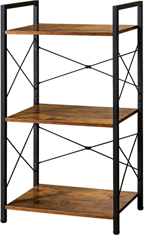 HCHQHS Small Bookshelf, Adjustable 3-Tier Industrial Bookcase, Rustic Open Book Shelf, Wood and Metal Horizontal Bookshelves - LeafyLoom