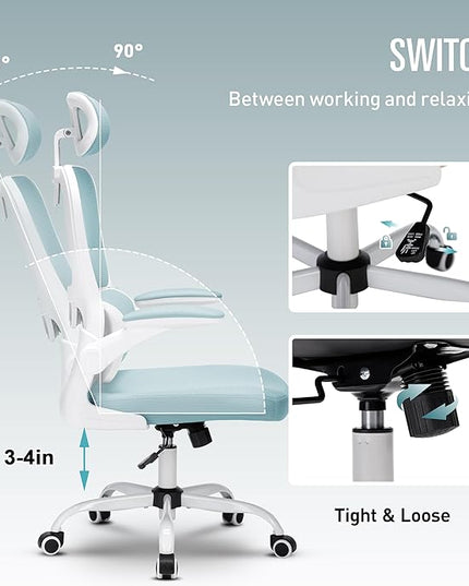 Office Chair, Ergonomic Office Chair Desk Chair with Headrest, High Back Mesh Computer Chairs for Home Office with Adjustable Back Support, 350lbs Comfortable Blue Office Chair, Tilt Lock - LeafyLoom