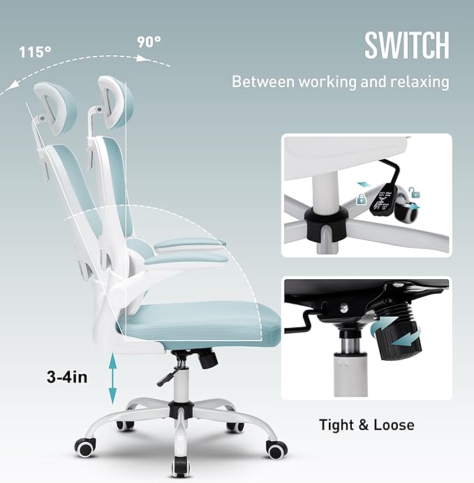 Office Chair, Ergonomic Office Chair Desk Chair with Headrest, High Back Mesh Computer Chairs for Home Office with Adjustable Back Support, 350lbs Comfortable Blue Office Chair, Tilt Lock - LeafyLoom