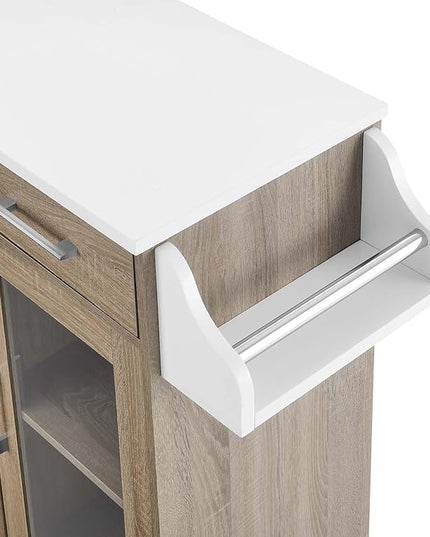 Modway Culinary Rolling Kitchen Cart with Storage in Oak White - 3 Tiers Kitchen Island on Wheels with Spice Rack, Functional as a Coffee Station, Bar Cabinet or Butcher Block Island - LeafyLoom