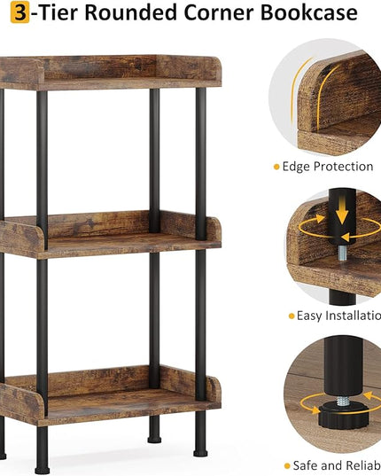 Bookshelf Small Book Shelf: 3-Tier Wood Bookcase Industrial Bookshelf Metal Standing Book Shelves Display Book Rack for Living Room Bedroom Home Office (Rustic Brown) - LeafyLoom