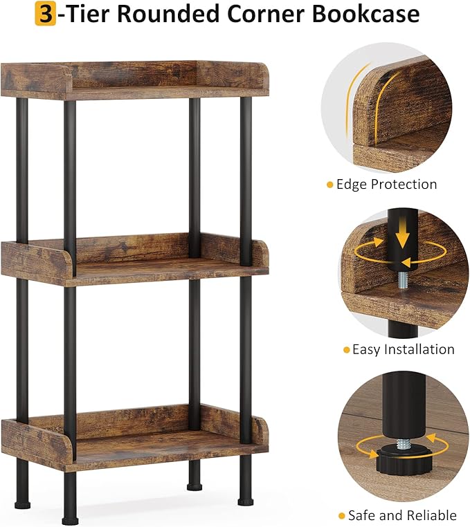 Bookshelf Small Book Shelf: 3-Tier Wood Bookcase Industrial Bookshelf Metal Standing Book Shelves Display Book Rack for Living Room Bedroom Home Office (Rustic Brown) - LeafyLoom