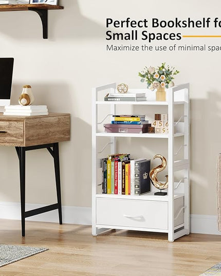 Small Bookshelf with Drawer - 4-Tier Wood Book Shelf Industrial Narrow Bookcase Storage Organizer Metal Stackable Shelves for Desktop Bedroom Living Room Home Office (White) - LeafyLoom