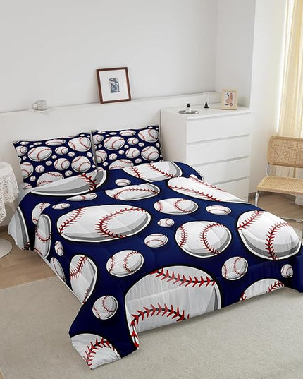 Baseball Bedding Set Sports Theme Comforter Set for Kids Boys Girls Teens 3D Blue Ball Pattern Comforter Breathable Baseball Games Duvet Set Room Decor Quilt Set King Size - LeafyLoom