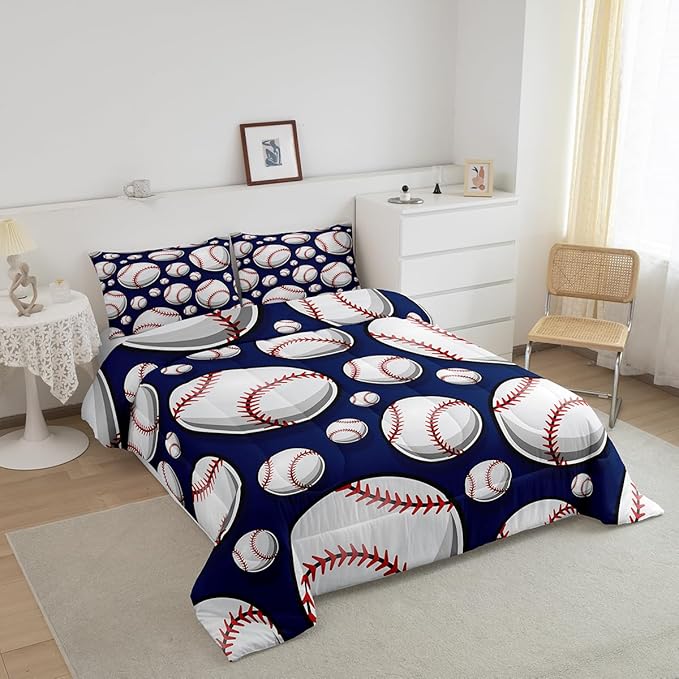 Baseball Bedding Set Sports Theme Comforter Set for Kids Boys Girls Teens 3D Blue Ball Pattern Comforter Breathable Baseball Games Duvet Set Room Decor Quilt Set King Size - LeafyLoom