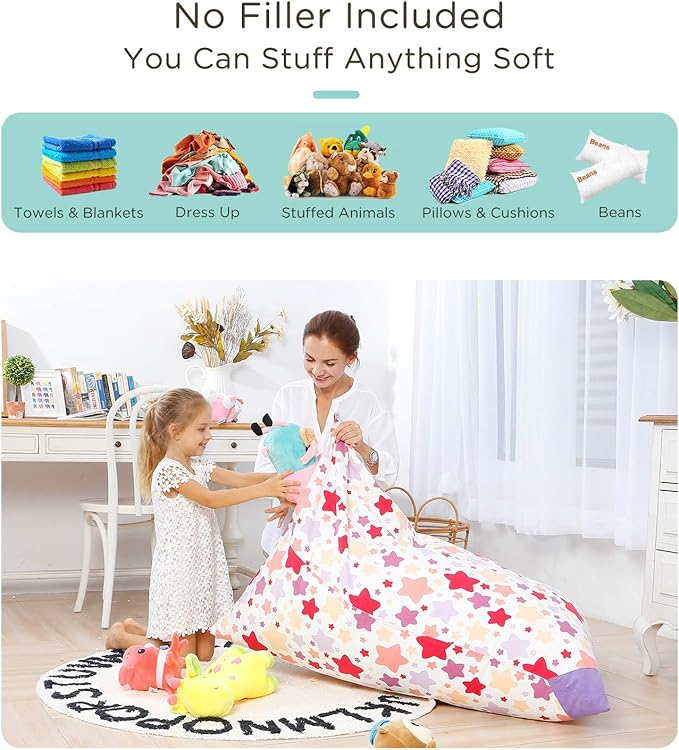Aubliss Stuffed Animal Storage Bean Bag Chair Cover, 50"x 35" Extra Large Bean Bags for Kids & Adults, Beanbag Toy Storage for Boys Girls - Premium Cotton Canvas Nata - LeafyLoom