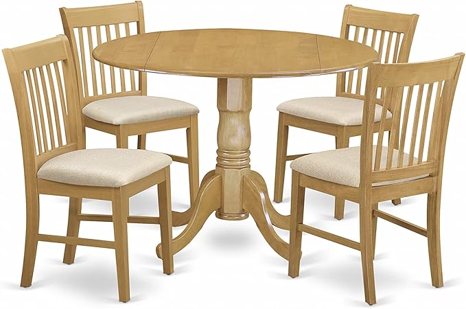 East West Furniture Dublin 5 Piece Kitchen Set Includes a Round Room Table with Dropleaf and 4 Linen Fabric Upholstered Dining Chairs, 42x42 Inch, DLNO5-OAK-C - LeafyLoom