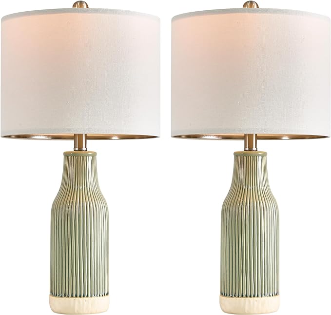 23.75" Modern Green Ceramic Table Lamp Set of 2 for Living Room, Farmhouse Bedside Nightstand Lamp for Bedroom Home Office Dorm - LeafyLoom