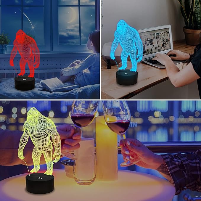 FULLOSUN 3D Night Light Ape Gorilla LED Nightlight Baby Nursery Monkey Lamp for Kids' Room Home Décor Xmas Birthday Gifts with 16 Color Changing - LeafyLoom
