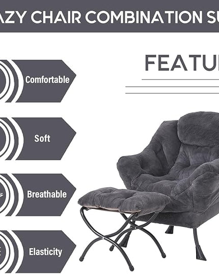 LITA Lazy Chair with Ottoman, Modern Accent Leisure Upholstered Sofa Chair, Lounge Reading Chair with Armrests and a Side Pocket for Living Room, Bedroom & Small Space, Plush Navy - LeafyLoom