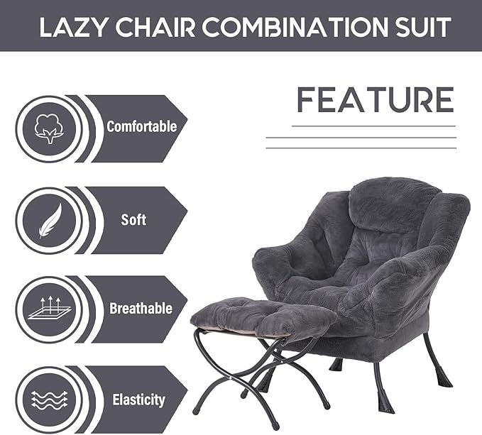 LITA Lazy Chair with Ottoman, Modern Accent Leisure Upholstered Sofa Chair, Lounge Reading Chair with Armrests and a Side Pocket for Living Room, Bedroom & Small Space, Plush Navy - LeafyLoom