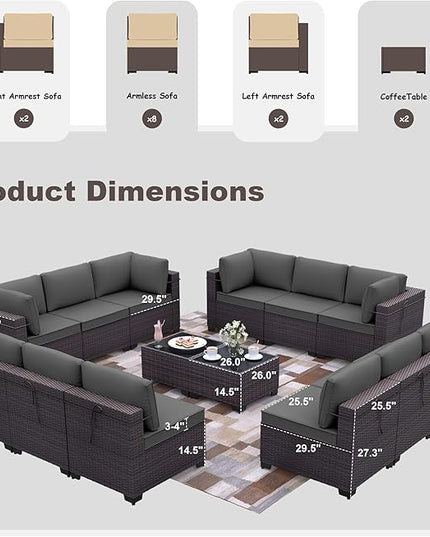 Patio Furniture Set 14-Pieces Outdoor Furniture for Backyard Wicker Sectional Sofa Set, Rattan Patio Conversation Set with Thickened Cushions and Glass Coffee Table, Grey - LeafyLoom