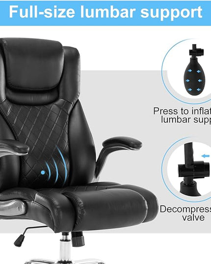 Executive Office Chair Desk Swivel Chair High Back Computer Chair - Adjustable Lumbar Support with Flip-Up Arms PU Leather Chair with Spring Cushion (Black) - LeafyLoom