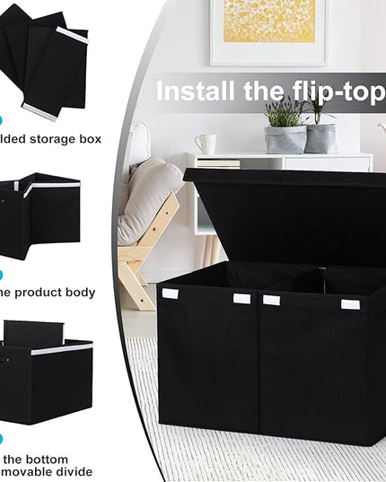 122L Large Toy Box Chest with Lid, Foldable Toy Storage Organizer Bin Boxes with Removable Divider for Kids, Boys, Girls, Nursery, Playroom, 26"x17" x17"(Linen Black) - LeafyLoom