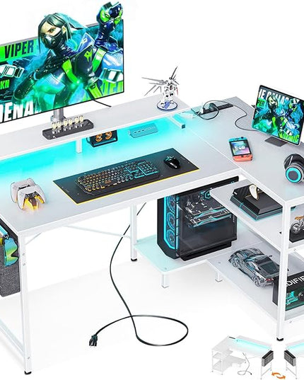 ODK 48 Inch Gaming Desk with USB Charging Ports and LED Lights, Reversible L Shaped Computer Desk with Storage Shelves & Monitor Stand, Corner Home Office Desk Table with Power Outlets, White - LeafyLoom