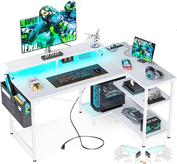 ODK 48 Inch Gaming Desk with USB Charging Ports and LED Lights, Reversible L Shaped Computer Desk with Storage Shelves & Monitor Stand, Corner Home Office Desk Table with Power Outlets, White - LeafyLoom