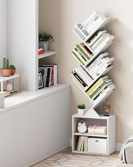 Vagusicc 6 Tier Tree Bookshelf, Modern Floor Standing Bookcase with Storage Drawer, Space Saving Storage Organizer Book Shelves for Books, Tall Wood Storage Rack for Bedroom/Living Room/Home Office - LeafyLoom