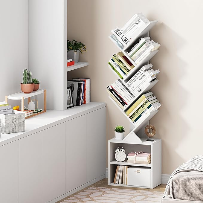 Vagusicc 6 Tier Tree Bookshelf, Modern Floor Standing Bookcase with Storage Drawer, Space Saving Storage Organizer Book Shelves for Books, Tall Wood Storage Rack for Bedroom/Living Room/Home Office - LeafyLoom