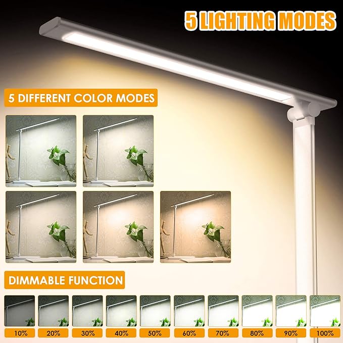 LED Desk Lamp, Eye-Caring Dimmable Table Lamps, Portable Office Lamp with USB Charging Port, 5 Lighting Modes, Timer Function, Touch Sensitive Control for Reading, Study, Working - LeafyLoom