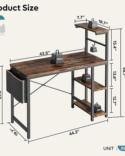 Bestier Computer Desk with LED lights, Gaming Desk with 4 Tier Shelves, 44 Inch Office Desk with Storage Bag & Printer Shelf (Rustic Brown) - LeafyLoom